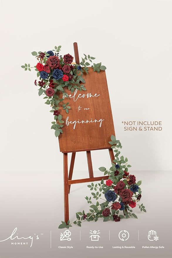 Artificial Floral Swag Set of 2 for Welcome Sign, Burgundy and Navy Blue