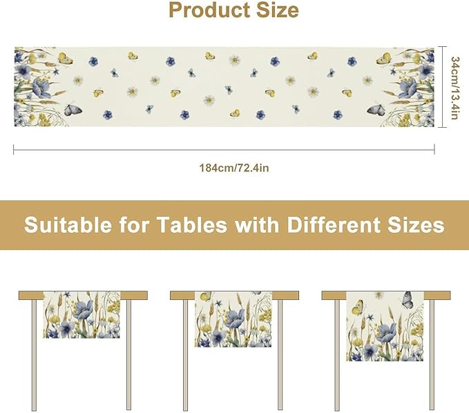 Floral Table Runner, Spring Watercolor Flower Plants Nature Butterfly Table Runner for Kitchen Dinner Living Room Home Party, 13x90 Inch