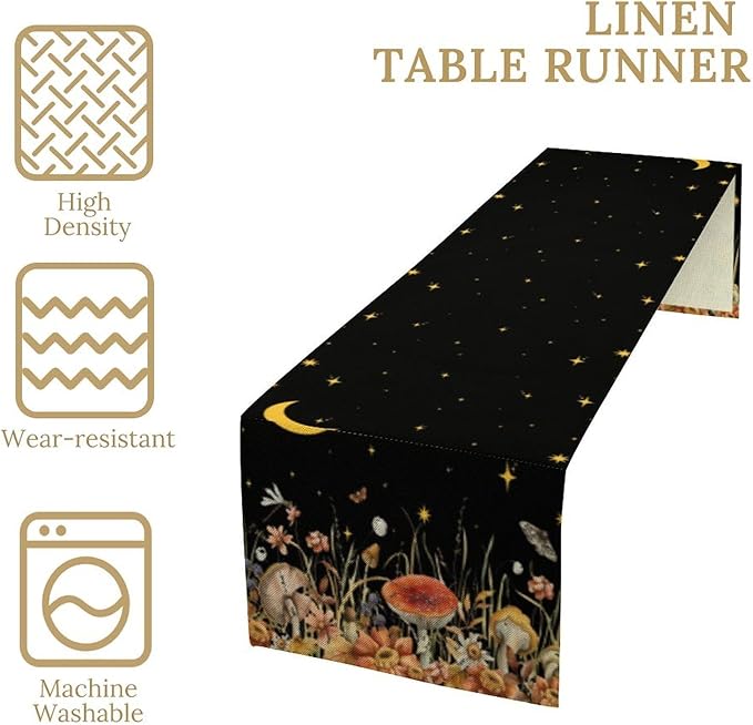 Mushroom Kitchen Table Runner, Gothic Moon Star Plants Witchy Moonlit Flower Butterfly Table Runner for Kitchen Party Living Room Drapes, 13x120 Inch Black