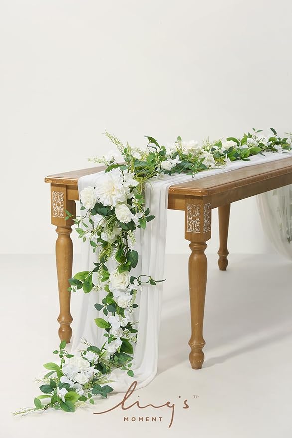Artificial Flower Garland 6 Ft Eucalyptus Table Runner in White and Olive
