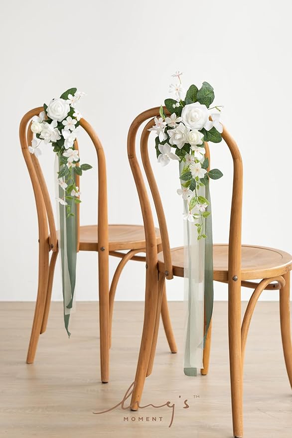 Artificial Flowers Wedding Aisle Pew Markers, 8 Pack White with Ribbon