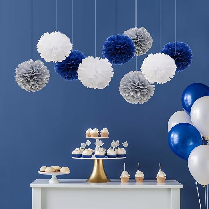 Tissue Pom Poms Tissue Paper Flowers Tissue Fluff Balls Party Decorations 12-Inch Pack of 12 (Blue, White, Silver)