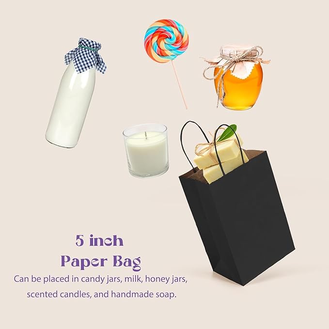 Gift Bags 500 Count Black Kraft Paper Bags with Handles, 5.25 x 3.75 x 8 Inch
