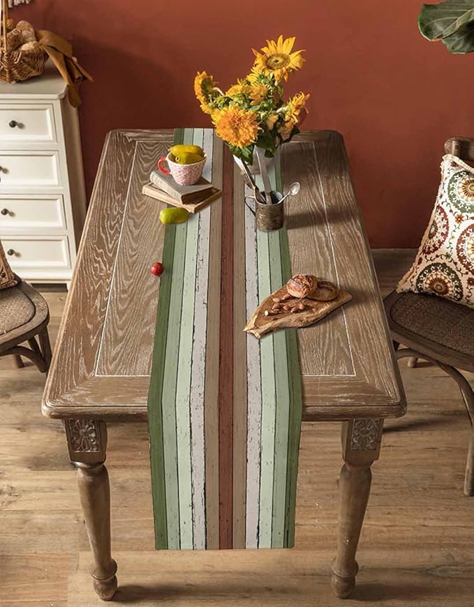 Sage Green Wooden Cotton Linen Table Runner for Dining Kitchen, Wedding Outdoor Party Tablerunners Decoration, Vintage Country Retro Distressed Grain Dresser Scarf Coffee Tablecloth Runners 13''x120''