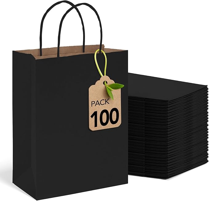 Gift Bags, Black Kraft Paper, 100 Count, 8 x 4.25 x 10.5 Inch