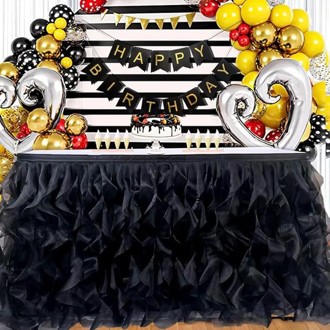 Luxury Organza Mesh Table Skirt Draping Floating Romance - Perfect for Bridal Showers, Birthday Weddings - Clear Flowing Decoration for a Wonderful Main Cake Table (Black-6ft, 72" L×30" H)
