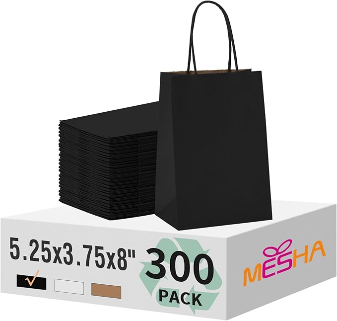 Gift Bags Black Kraft Paper Shopping Bags with Handles, 300 Count