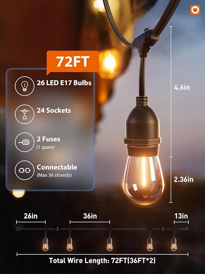 String Lights, 72 FT Warm White Shatterproof LED Edison Bulbs