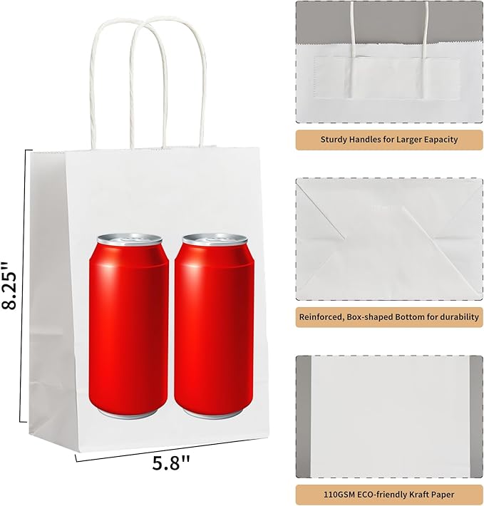 Small White Kraft Paper Gift Bags with Handles, 100 Count