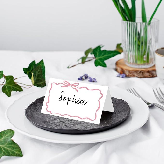 25 Pack Pink Bow Wave Place Cards, Editable Name Cards for Table Setting, Tent Cards Food Label for Dinner Party, Bridal Shower, Wedding, Baby Shower and Events -T14