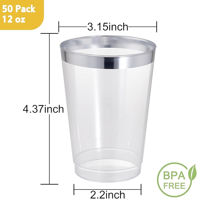 Party Cups, 12 Oz Clear Plastic with Silver Rim, 50 Count