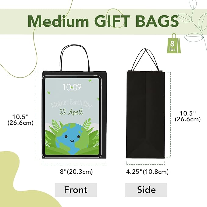 Gift Bags, Black Kraft Paper, 100 Count, 8 x 4.25 x 10.5 Inch