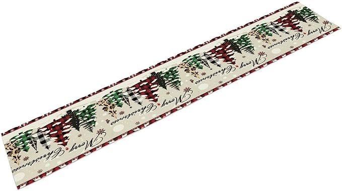 Christmas Tree Table Runner,Farmhouse Xmas Trees Buffalo Plaid Winter Snowflake Tablecloth Burlap for Hotel Indoors Outdoor Dining Room Kitchen Home Decor,W13X L60 in