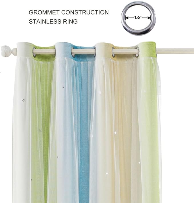 FANLI Ombre Rainbow Blackout Curtains for Kid Girls Bedroom Living Room Darking Stripe Double Layer Star Cut Out Wall Home Decor Gradient Grommet Window Curtains （Blue Green 52Wx84L）