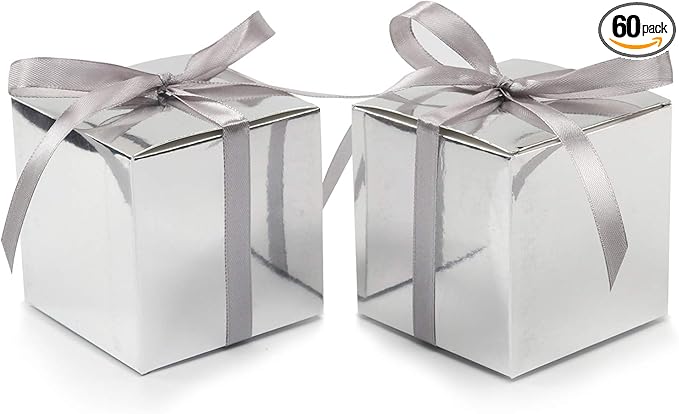 COTOPHER 60pcs Small Gift Boxes, Favor Boxes 2x2x2 inches Paper Gift Boxes with Ribbons Candy Box for Wedding Favors Baby Shower Bridal Shower Birthday Party (60 Metallic Silver)