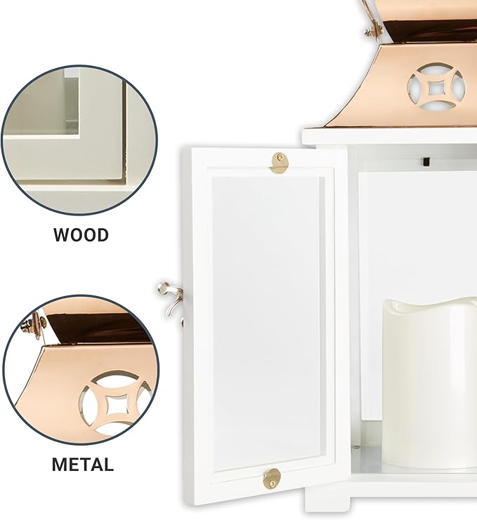 Decorative Candle Lantern, Wood and Stainless Steel, Copper Finish, 13.5 Inch
