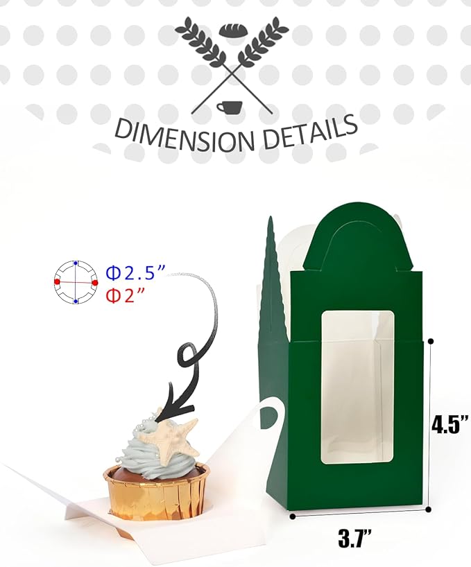 Cupcake Carriers Deep Green Cardboard Boxes with Inserts, 50 Pack