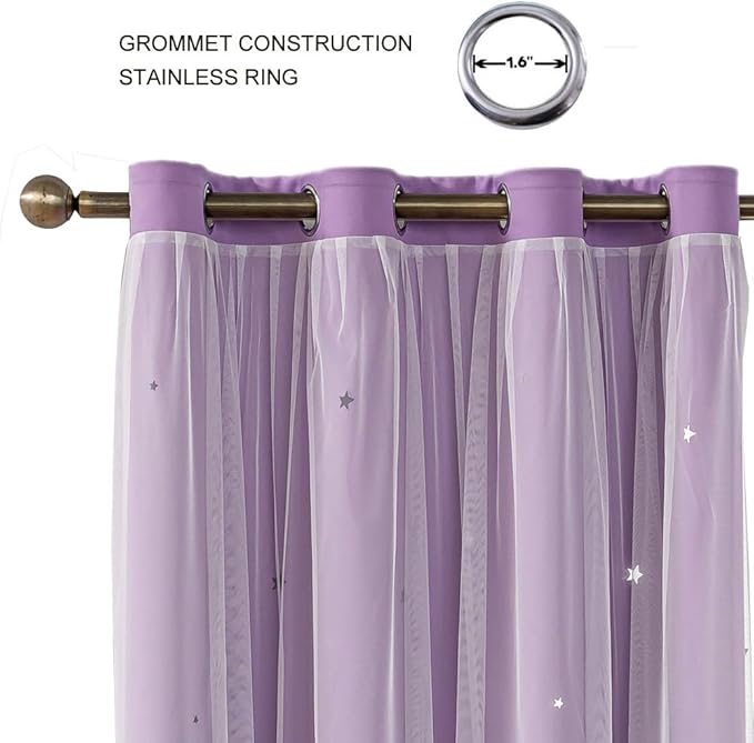 Ombre Rainbow Blackout Curtains for Kid Girls Bedroom Living Room Darking Stripe Double Layer Star Cut Out Wall Home Decor Gradient Grommet Window Curtains (Purple 95L)