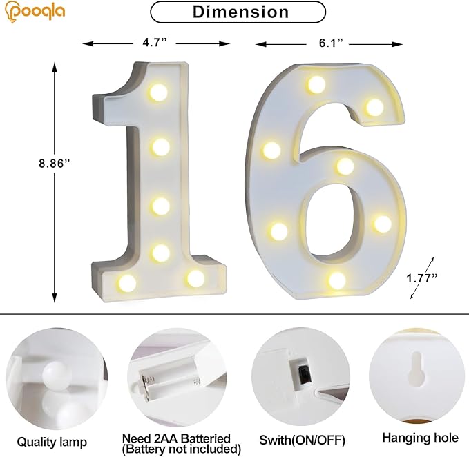 Pooqla Decorative Led Light Up Number Letters, White Plastic Marquee Number Lights Sign 16th Birthday Decorations for Girls Boys Party Wedding Decor Battery Operated Number (16)