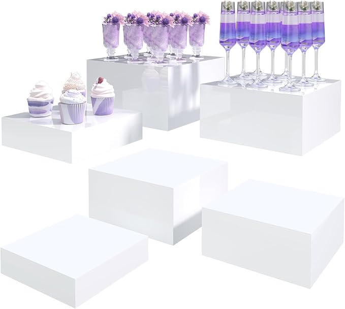 Buffet Risers, Food Display Risers for Party, Glossy White Acrylic Risers Display Stand for Buffet Table, Catering Displays for Dessert, Cube Box Nesting Riser with Hollow Bottoms (8"x9"x10" 6PCS)