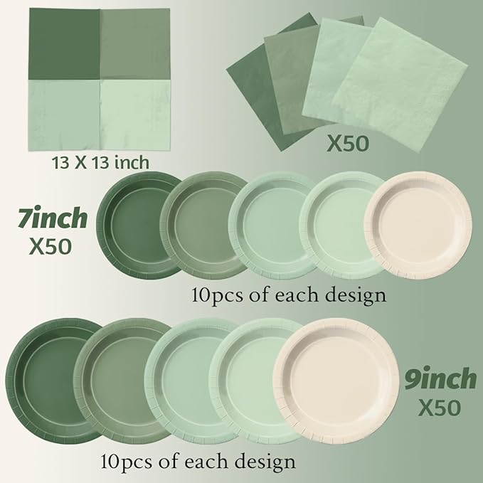 Paper Party Plates and Napkins, 150 Pieces, Sage Green Gradient