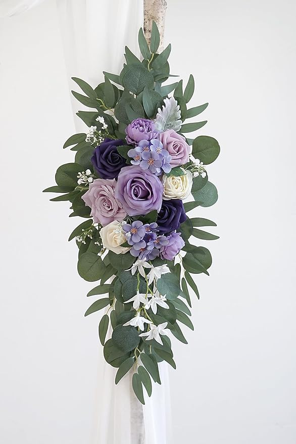 Lilac Artificial Wedding Arch Flowers Kit (Pack of 3) with 26Ft White Shiny Arch Draping Fabric for DIY Wedding Party Ceremony Reception Backdrop Floral Decoration