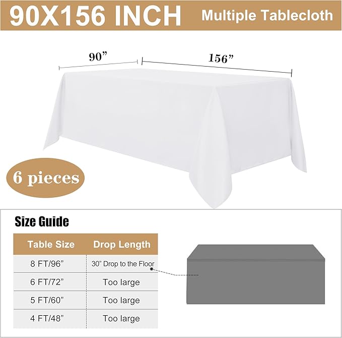 Tablecloths, 6-Pack White Polyester, 90 x 156 Inch Rectangular