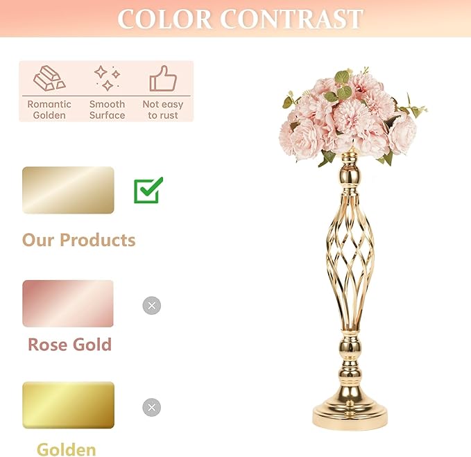 Candlestick Holders Gold Metal Flower Vases, Set of 10, 20.5-Inch Tall