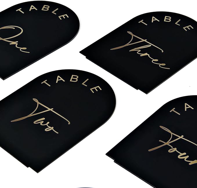 Place Card Table Numbers 1-10, Black Arch Acrylic with Gold Print
