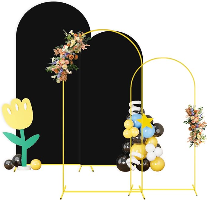 Wedding Arch Backdrop Stand and Cover Set of 2 6FT 7.2FT Black Spandex Fitted Stretchy Arch Stand Covers for Gold Metal Stand Round Top Chiara Backdrop Cover for Birthday Party Decorations