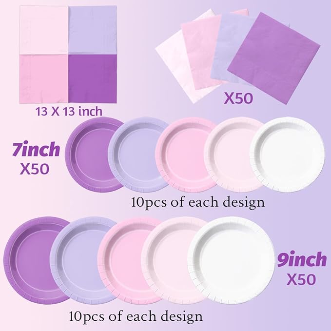 Party Pack Paper Plates and Napkins, 150 Pieces in Pink and Purple