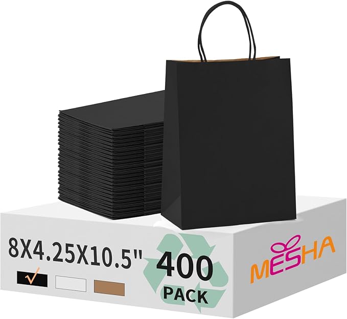 Gift Bags 400 Black Kraft Paper Bags with Handles 8 x 4.25 x 10.5 in