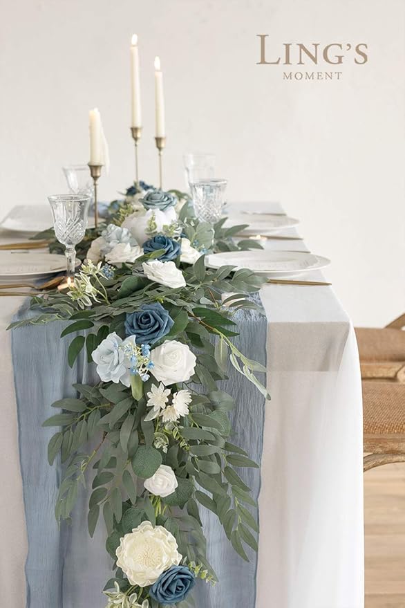 Ling's Moment Flower Garland - 6FT Eucalyptus & Rose - Sweetheart Table Decor for Wedding Reception, Artificial Arch Floral Garland for Mantle, Christmas, Beach Decoration, Dusty Blue & White