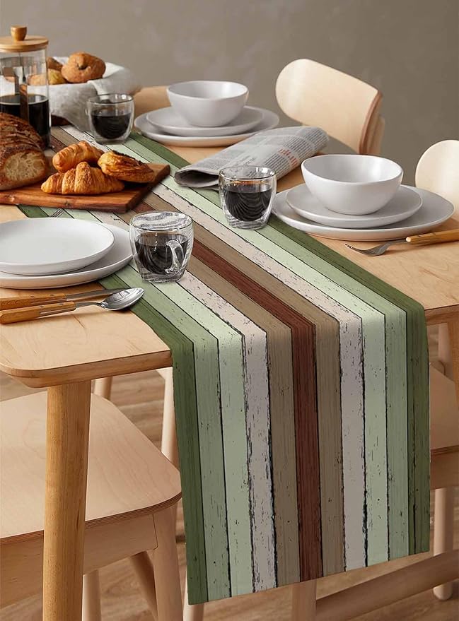 Sage Green Wooden Cotton Linen Table Runner for Dining Kitchen, Wedding Outdoor Party Tablerunners Decoration, Vintage Country Retro Distressed Grain Dresser Scarf Coffee Tablecloth Runners 13''x48''