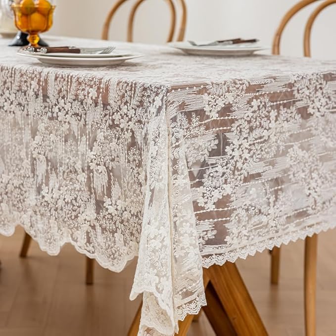 Lace Embroidered Tablecloth. Square Lace Vintage Tablecloth Dustproof Table Protector for Kitchen Dining Room Party Banquet Home Picnic Wedding Decoration (Creamy White 35.5×53 inch)