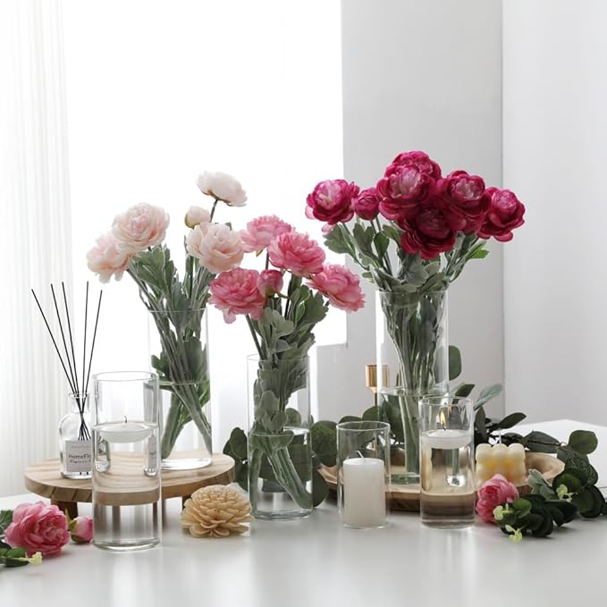 Set of 12 Pcs Glass Cylinder Vases for Centerpieces with 18 Pcs White Floating Candles for Centerpieces Glass Candle Holder for Table Shelf Wedding Party Home Decor (4"+6"+8"+10")