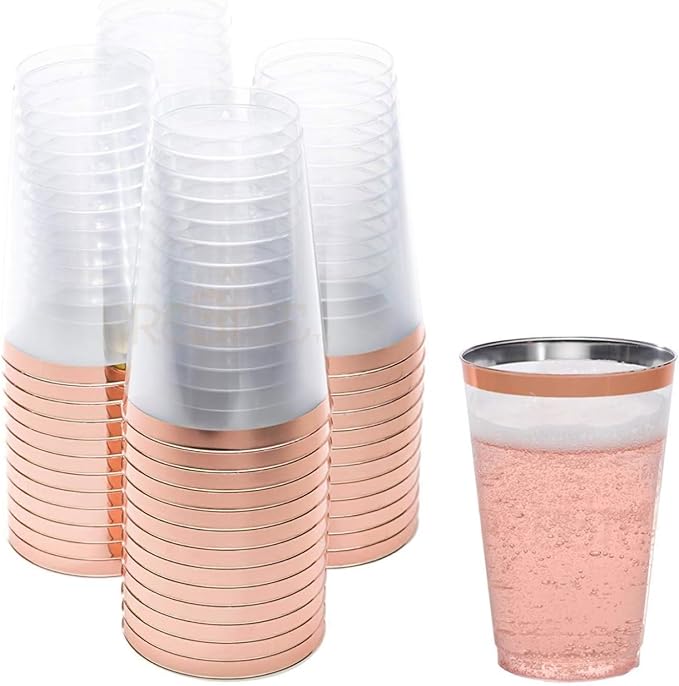 Plastic Cups, 14 oz Rose Gold Rimmed, 50 Count for Weddings