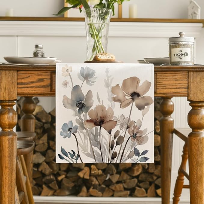 Artoid Mode Brown Poppy Floral Leaves Spring Table Runner, Seasonal Summer Kitchen Dining Table Decoration for Home Party Decor 13x90 Inch