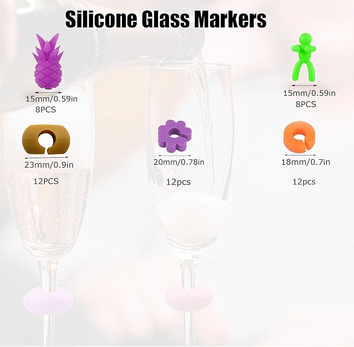 TuTuYa Wine Glass Charms - 52PCS Reusable Silicone Wine Glass Markers for Parties, Weddings, Banquets, Graduations