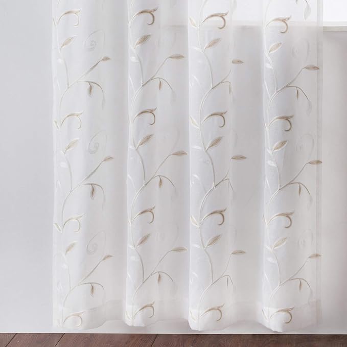 VISIONTEX White Sheer Voile Curtains, Decorative Beige Leaves Embroidery Faux Linen Rod Pocket Window Drapes for Home Kitchen, Living Room and Bedroom 54 x 95 Inch, Set of 2 Curtain Panels