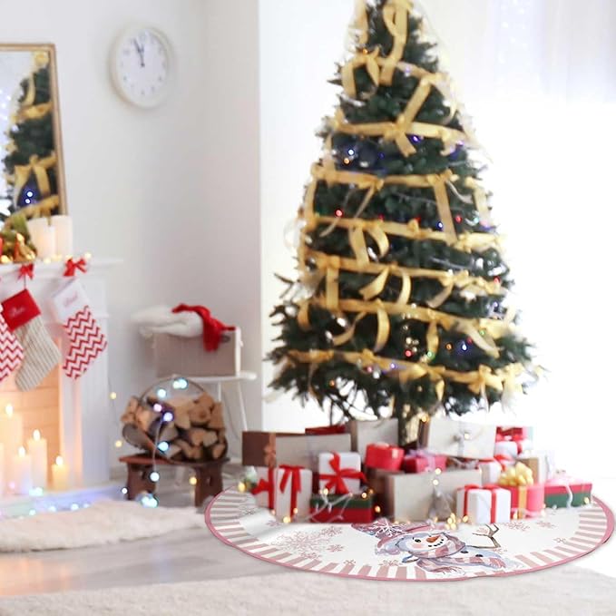 Let It Snow Snowman Christmas Tree Skirt 36 Inches, Pink Snowflake Tree Skirt, Winter Xmas Tree Mat for Home Party Holiday Indoor Outdoor Decorations (Pink, 36in)