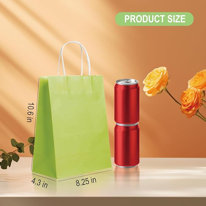 Gift Bags, Green Kraft Paper with Handles, Pack of 100