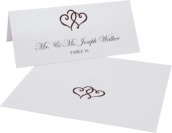 Linked Hearts Place Cards, Chocolate (Choose Color), Set of 25, Pre-cut and Scored - Wedding, Party, Dinner, and Special Events - Made in the USA