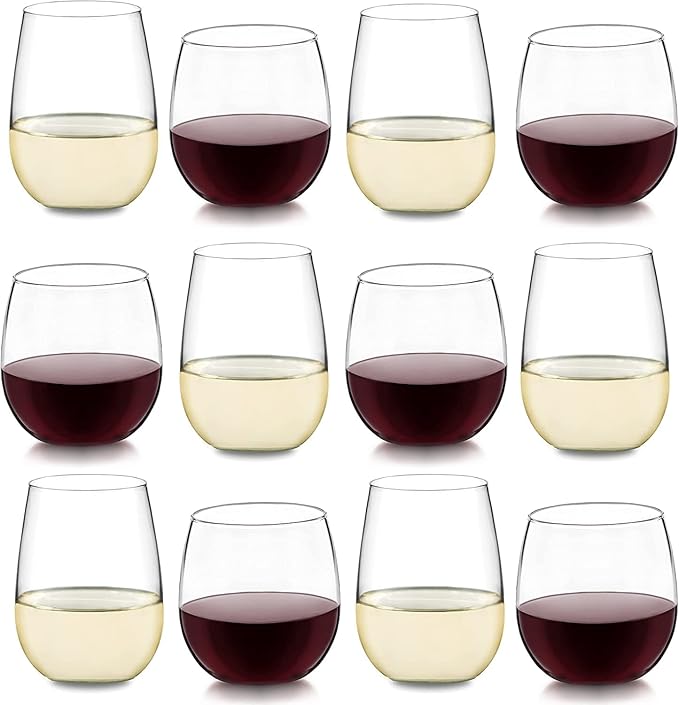 Wine Glass Set of 12, Stemless, 16.75 oz Red and 17 oz White