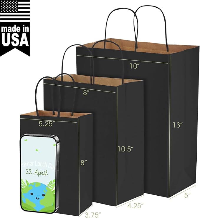 Gift Bags Black Kraft Paper Shopping Bags with Handles, 300 Count