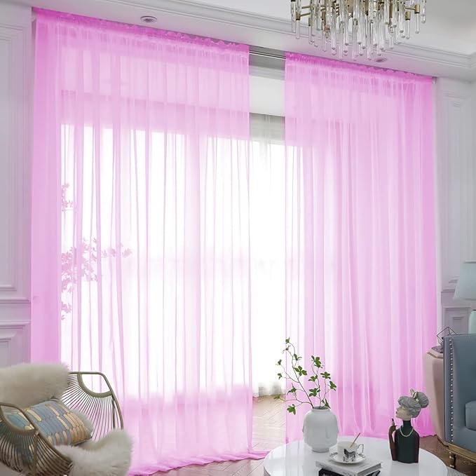 Window Pink Sheer Curtains 84 Inches Long 2 Panels Sheer Curtain Basic Rod Pocket Panel for Bedroom Children Living Room Yard Kitchen (Pink, 52" W x 84" L | 2 pcs)