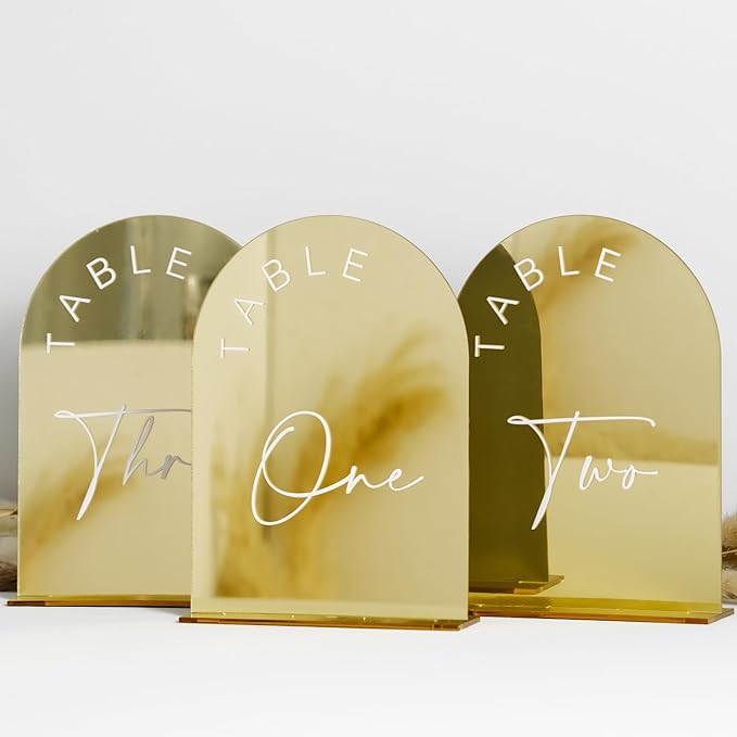 Table Number Signs 1-15, Gold Mirror Arch Acrylic with Stands
