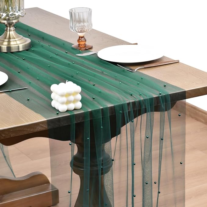 Joanlody Fall Pearl Table Runner 10ft Rustic Boho Tulle Table Runner with Pearls for Baby Shower Wedding Party Veil Dessert Thanksgiving Table Decor Emerald Green