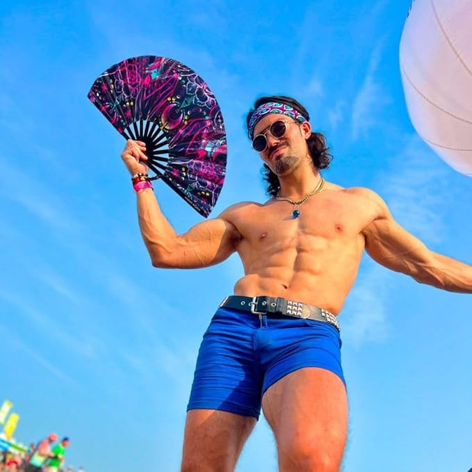 Kandies World UV Reactive Custom Festival Folding Hand Fan - Unique Designs, Made of Bamboo, Clacking Sound, Lightweight - Perfect Rave and Festival Accessory!