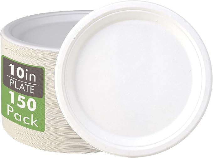 Round Sugarcane Fiber Paper Plates, 10-Inch, 150 Count, White